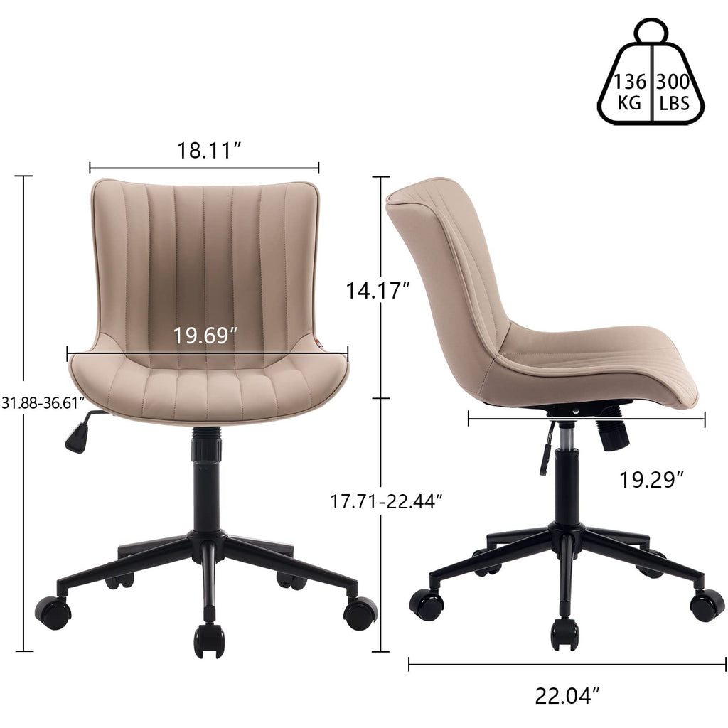 Khaki Comfy Home Office Desk Chair with Wheels Armless Vanity Chair with Back Ergonomic Modern Leather Upholstered Rolling Task Chair Small Cute Sewing Chair No Arms Wide Swivel Adjustable