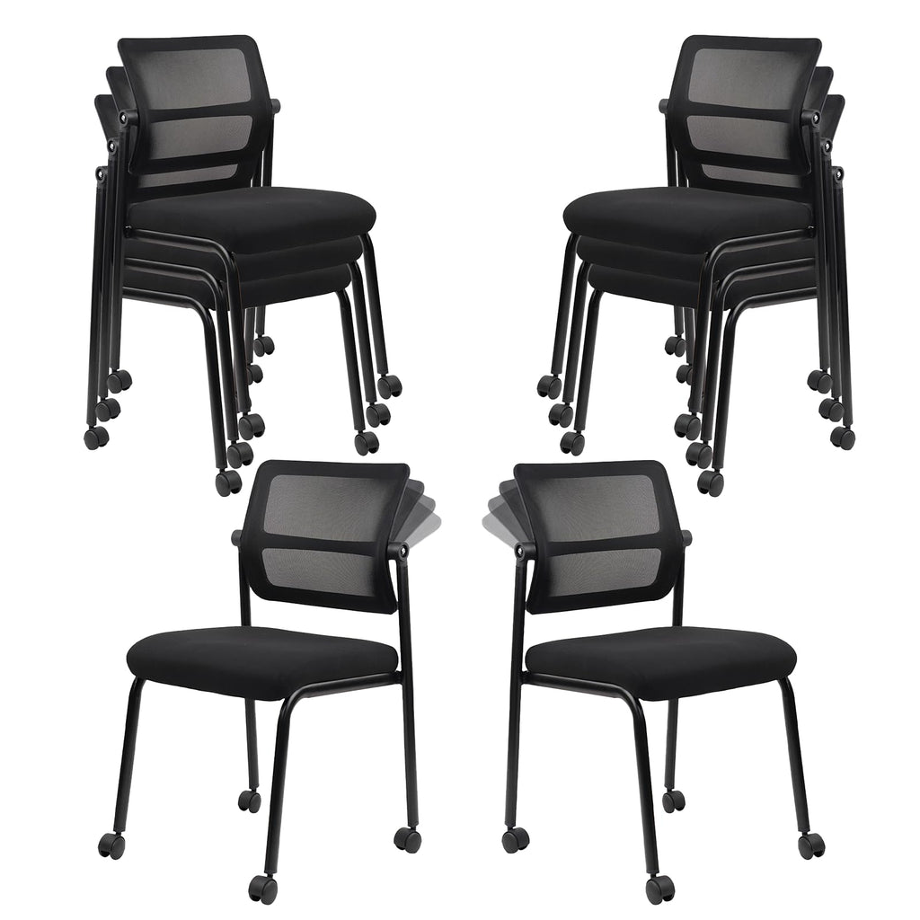 8PK Mesh Stacking Office Desk Chairs with Wheels, Portable Stackable Bulk Waiting Room Armless Chair with Adjustable Back & Fabric Seat for Guest Lobby Side School Church Conference Break
