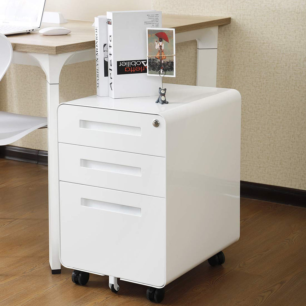 3 Drawer File Cabinet for Office, Under Desk Mobile Filing Cabinet with Lock for A4/Letter/Legal Size, 5 Wheel Anti-tilt Rolling File Cabinets, Fully Assembled