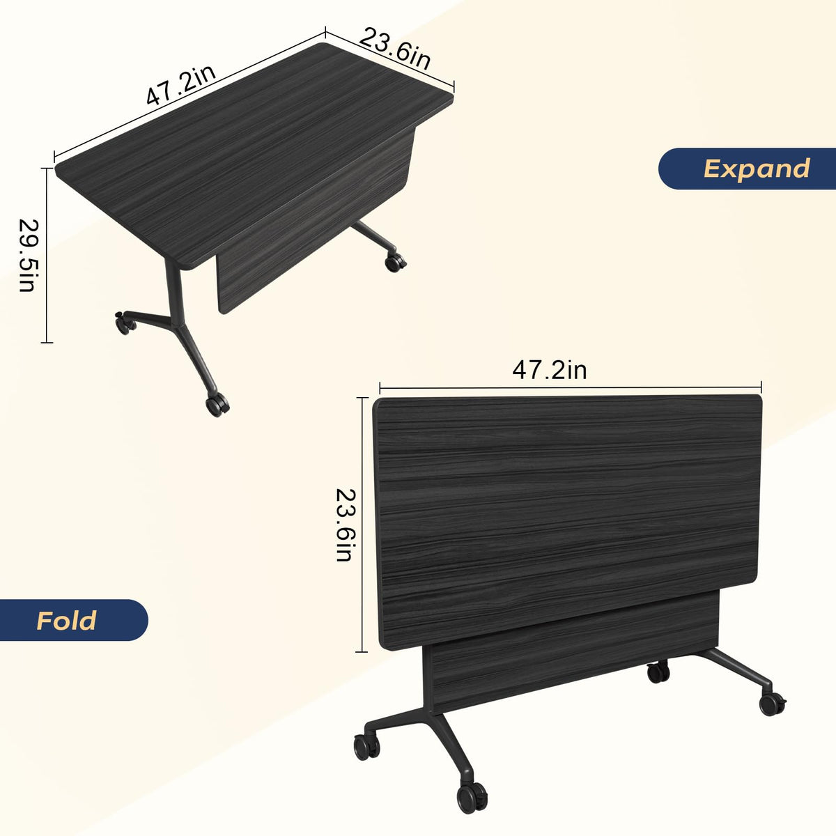 Folding Conference Table with Wheels, Flip-Top, 47.2in, 8 Pack, Ebony