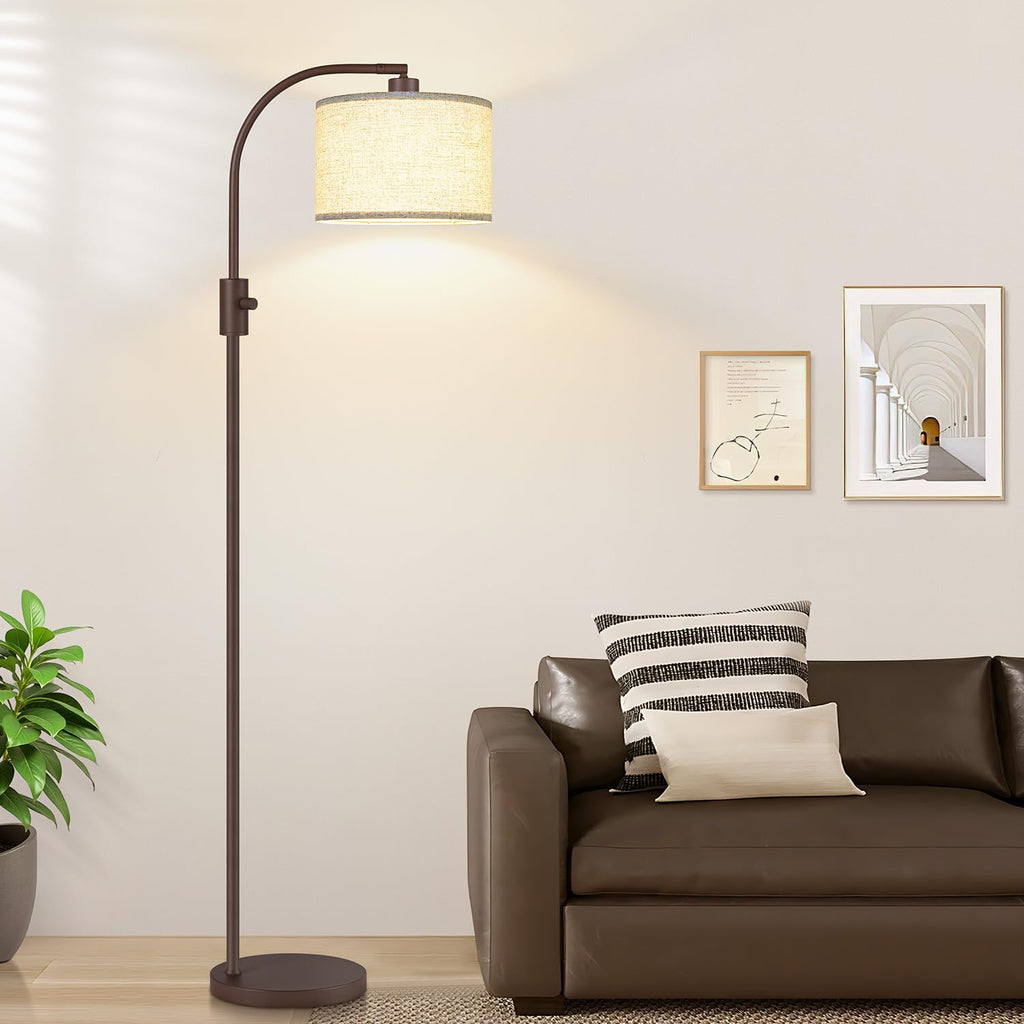 Upgraded Modern Arc Dimmable Tall Standing Floor Lamp with Linen Shade, 1200 Lumens LED Bulb Included, for Living & Reading Room, Bedroom, Office & Nursery, Matte Brown