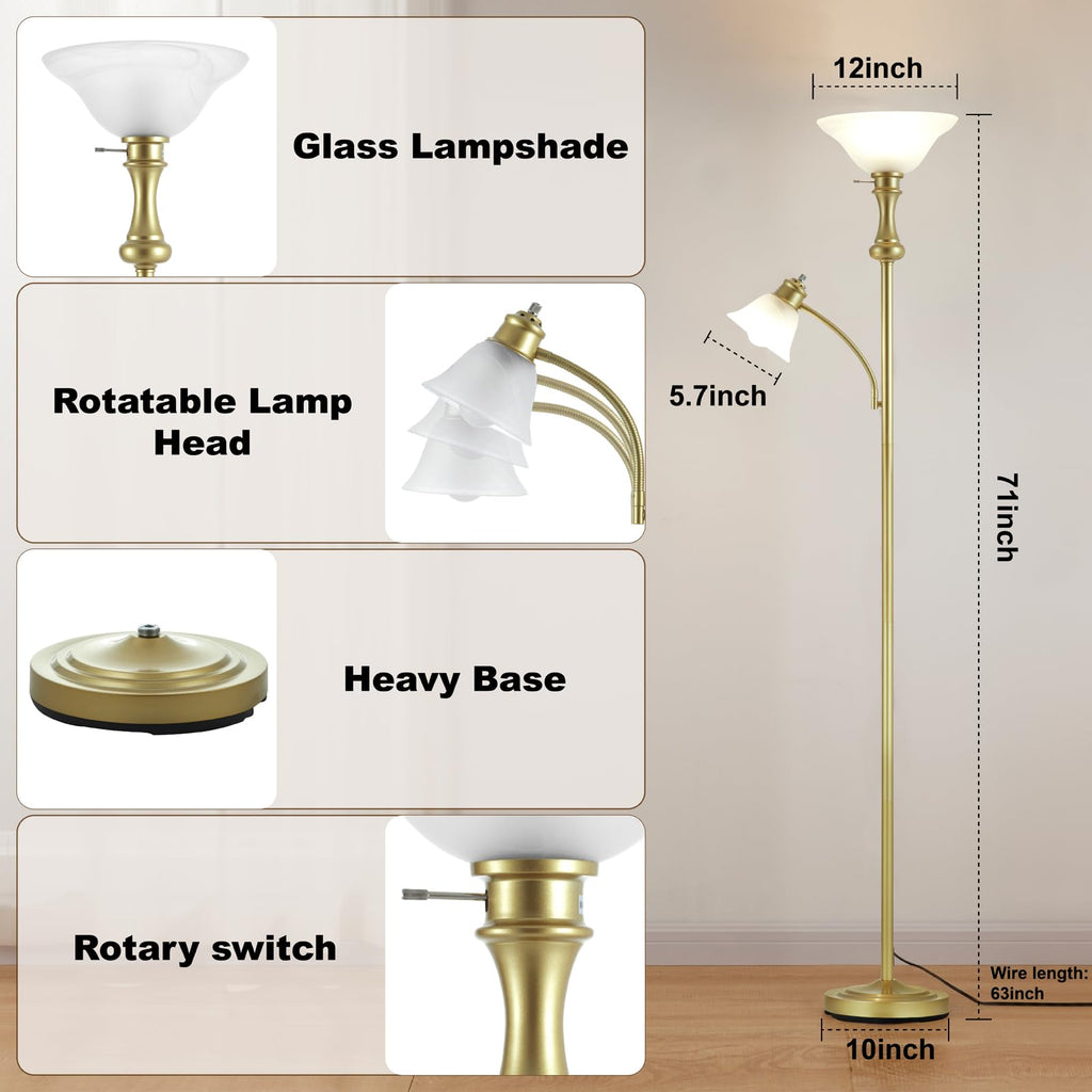 Torchiere Glod Floor Lamp with Adjustable Angle Reading Lamp-71IN
