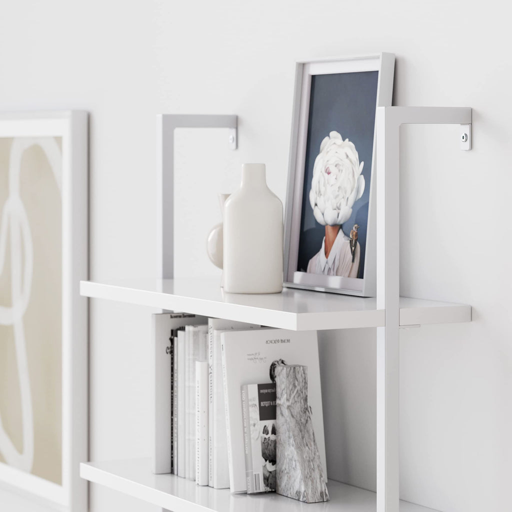 6-Shelf Tall Modern Bookshelf, Wall Mount Ladder Shelf Bookcase with White Wood and Industrial Metal Frame, Matte White/White, Set of 2
