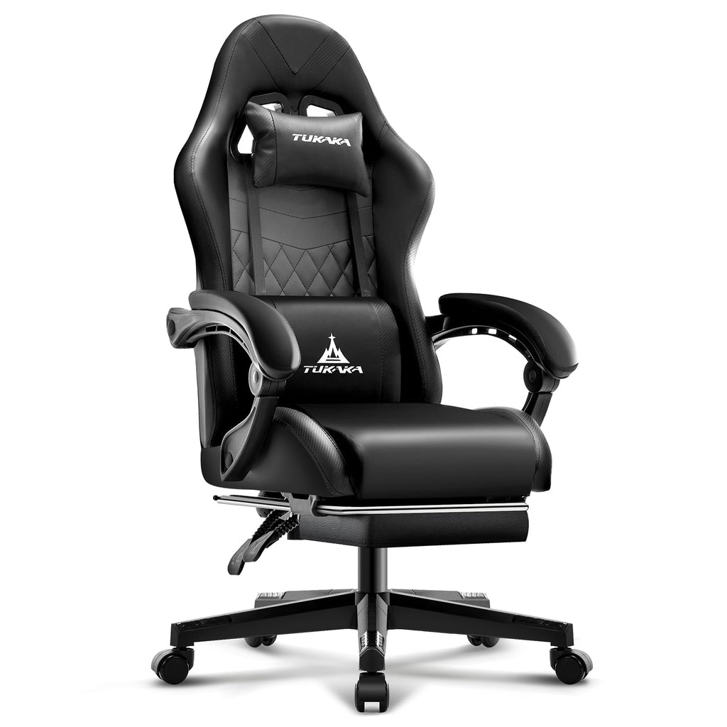 Gaming Chair,Ergonomic Massage Computer Office Desk Chair with Footrest,Pocket Spring Cushion,Reclining Leather Adjustable Gamer Chair with Headrest and Lumbar Support,Black