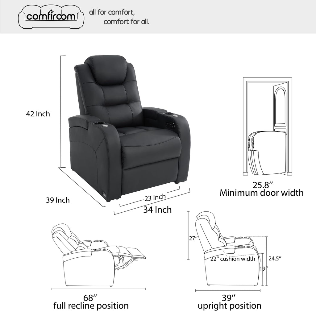 Simple Style Top Grain Nappa Leather Recliners Chair Dual Power Movie Gaming Sofa Chair Electric Headrest with Tray Table Type-C USB Charger (Black, Row of 1)