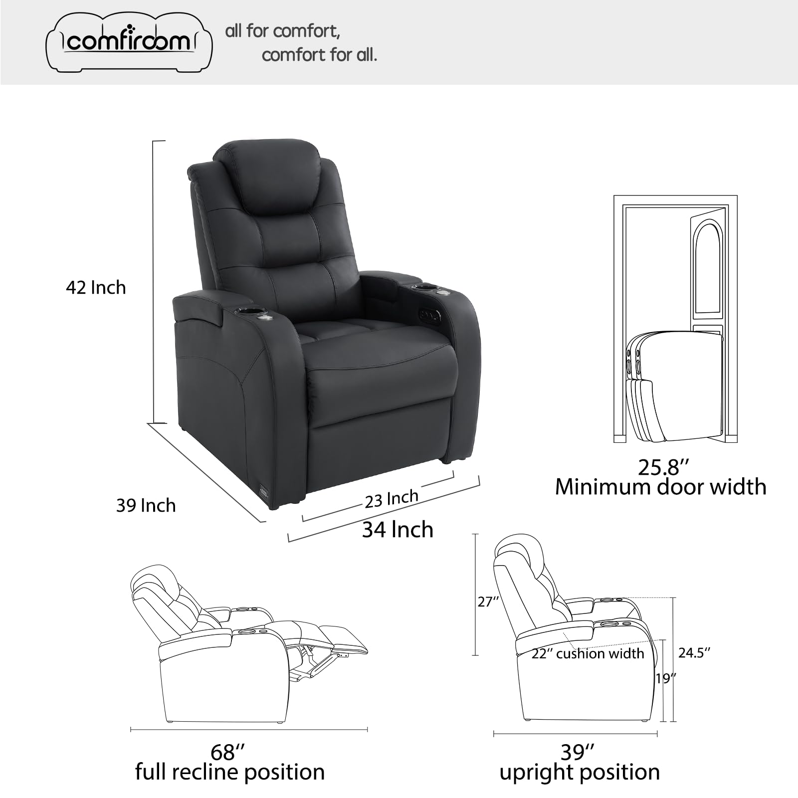 Simple Style Top Grain Nappa Leather Recliners Chair Dual Power Movie Gaming Sofa Chair Electric Headrest with Tray Table Type-C USB Charger (Black, Row of 1)