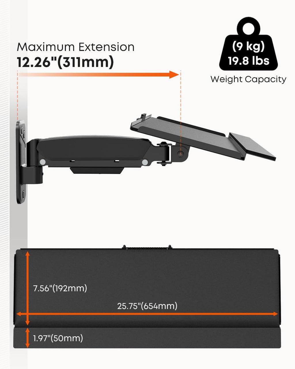 Compact Wall Mount Keyboard Tray, Sit Stand 26 Inch Keyboard and Mouse Wall Mount with Spring Arm, Height Adjustable Ergonomic Typing Platform with Anti-Slip & Wrist Pad, Holds up to 19.8 lbs
