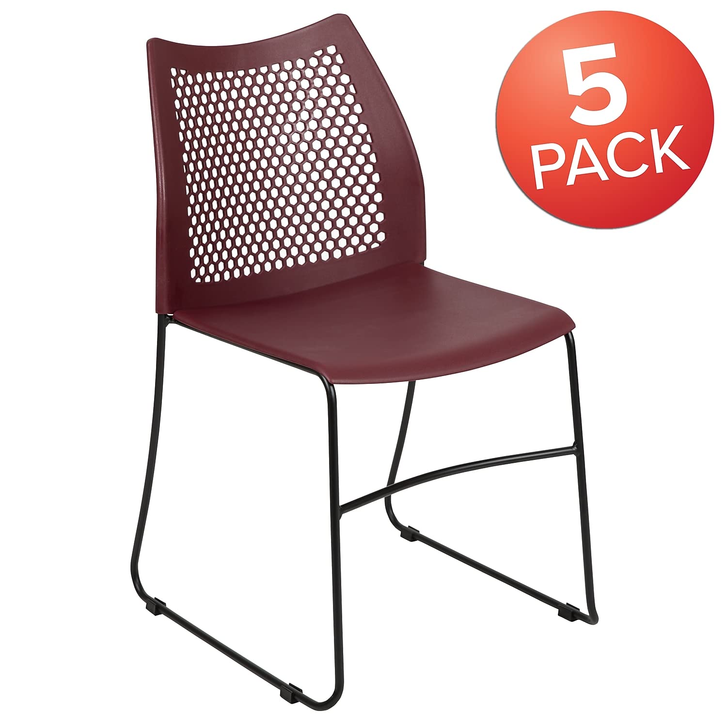 HERCULES Series 5 Pack 661 lb. Capacity Burgundy Stack Chair with Air-Vent Back and Black Powder Coated Sled Base