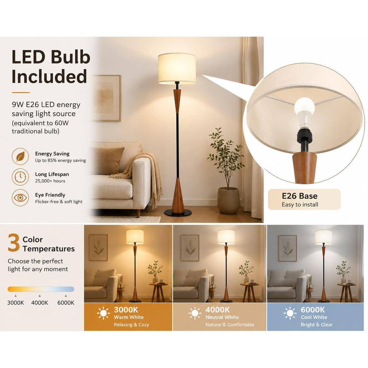 Floor Lamps for Living Room,61.5" Wood Floor Lamp,Retro Farmhouse Standing Lamp Includes 9W Bulb with 3-Color Temperature,Tall Lamp for Bedroom,Dining Room,Living Room,Corner,Brown