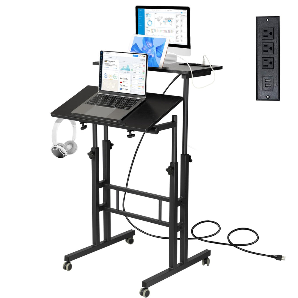 Mobile Standing Desk with Charging Station, Adjustable Standing Computer Desk, Standing Adjustable Laptop Cart with Wheels for Home Office Classroom Black