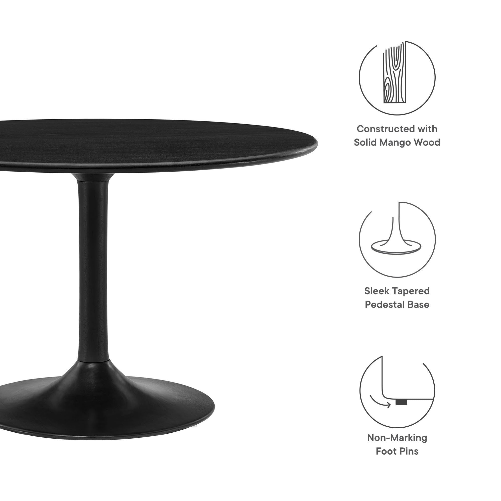 Modway Lippa 48 Inch Round Wood Dining Table in Black – Solid Mango Wood Tabletop with Pedestal Base - Mid Century Modern Dining Room Furniture - Kitchen Table for 4-6 Person