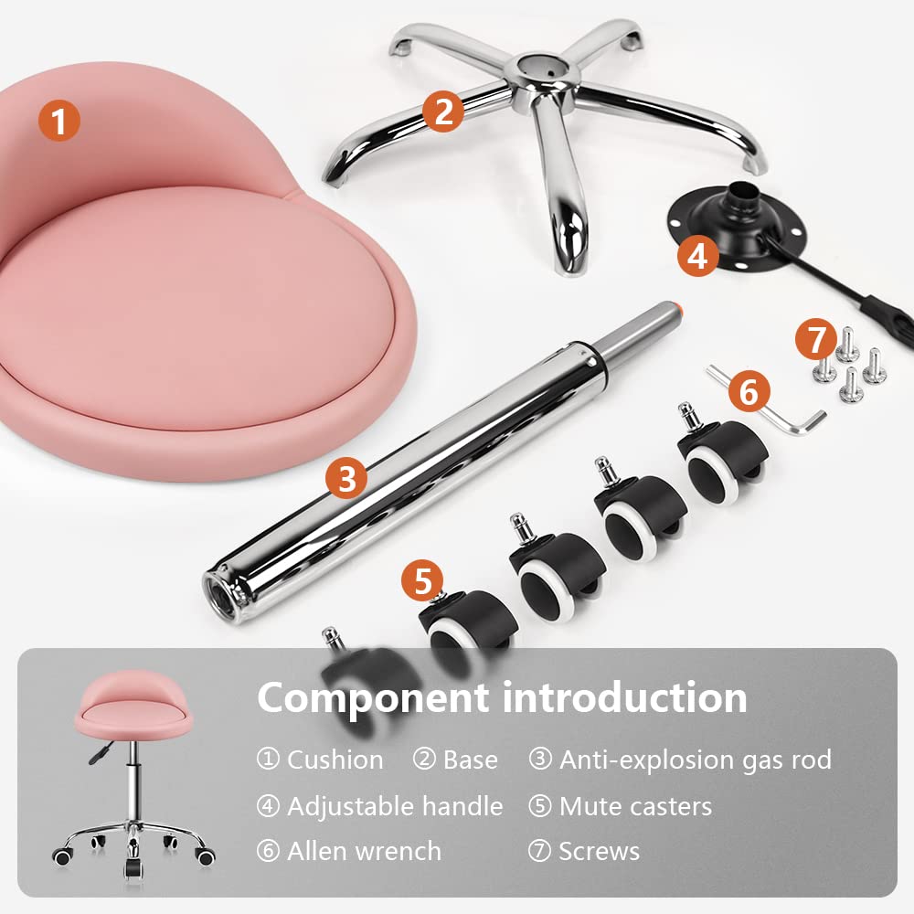 PU Leather Round Rolling Stool with Back Rest Height Adjustable Swivel Drafting Work SPA Task Chair with Wheels Pink