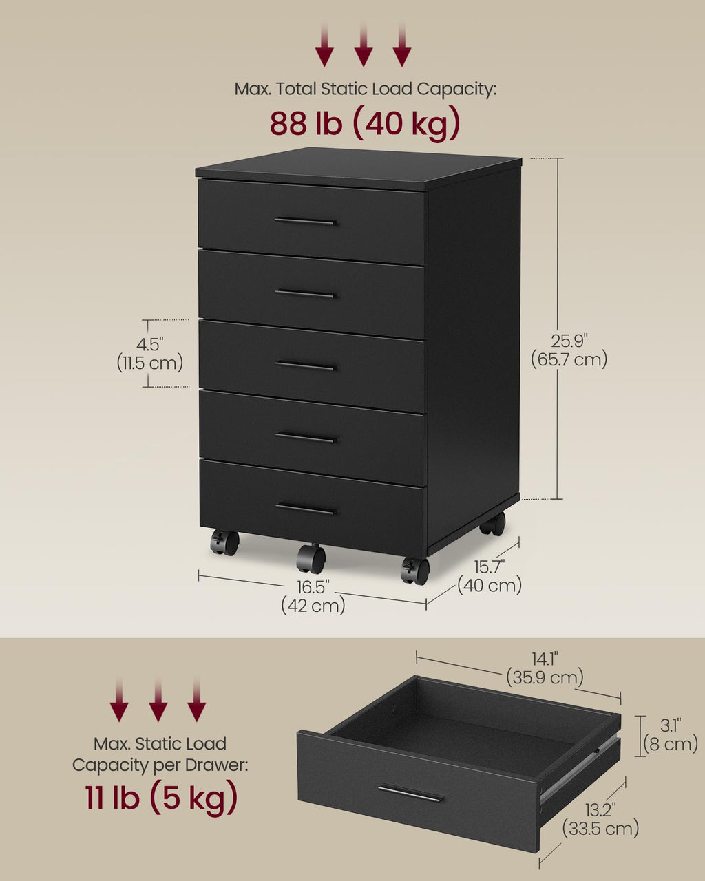 File Cabinet, Mobile Pedestal Filing Cabinet with Wheels, Printer Stand with 5 Drawers, Tool-Free Sliding Rails, for Study, Home Office, Ink Black