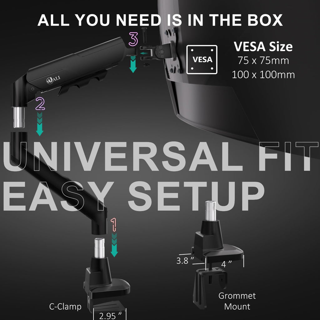 Heavy Duty Single Monitor Arm for 17-49 Inch Flat Curved Ultrawide Screens, up to 33 Lbs, Adjustable Single Monitor Desk Mount for Home Office Gaming, VESA 75/100mm (GSM001XLN), Black
