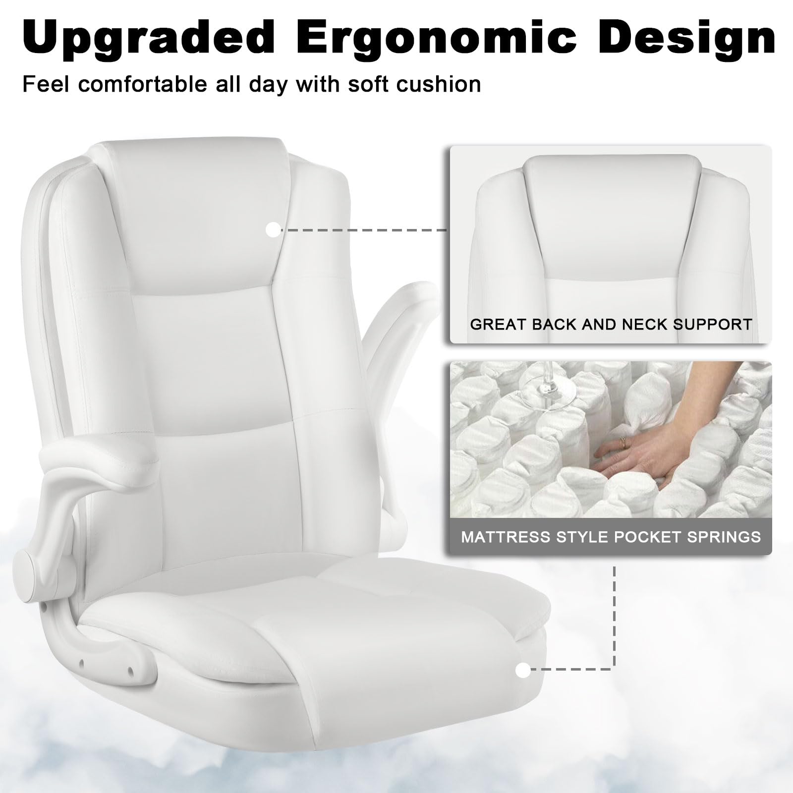Leather Office Desk Chair,Ergonomic Office Chair with Lumbar Support,Computer Chair,Executive Leather Chair with Padded Flip-up Arm,Adjustable Armrests, Black,275LBS