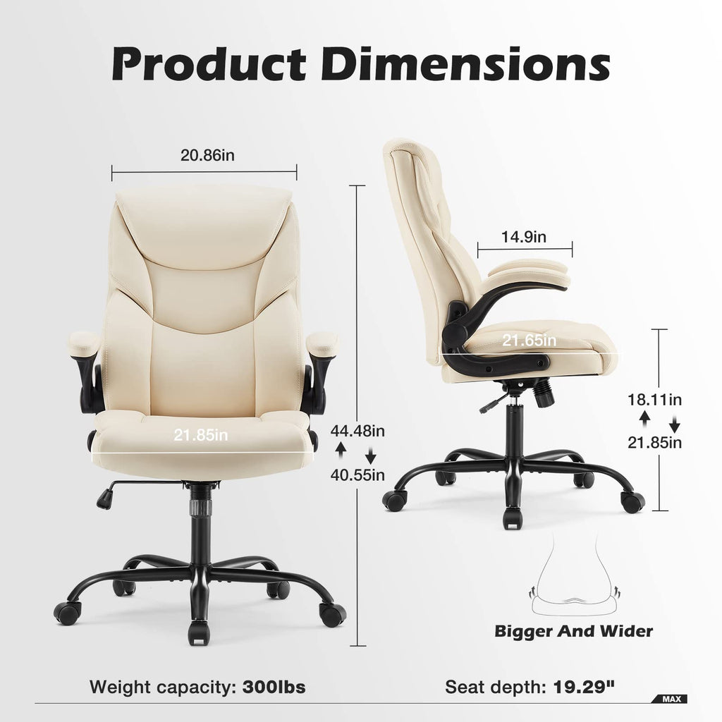 Ergonomic Office Chair, Heavy Duty 275lbs High Back Desk Chair, Flip-up Armrest PU Leather Swivel Rolling Chair with Wheels,White