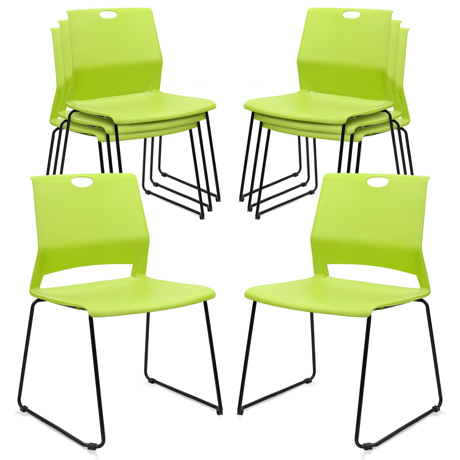 Set of 8, Stackable Guest Reception Chairs, Stacking Office Chair with Ergonomic Lumbar Support & Metal Legs, Plastic Desk Chairs for Conference School Church Waiting Meeting Break Room , Green