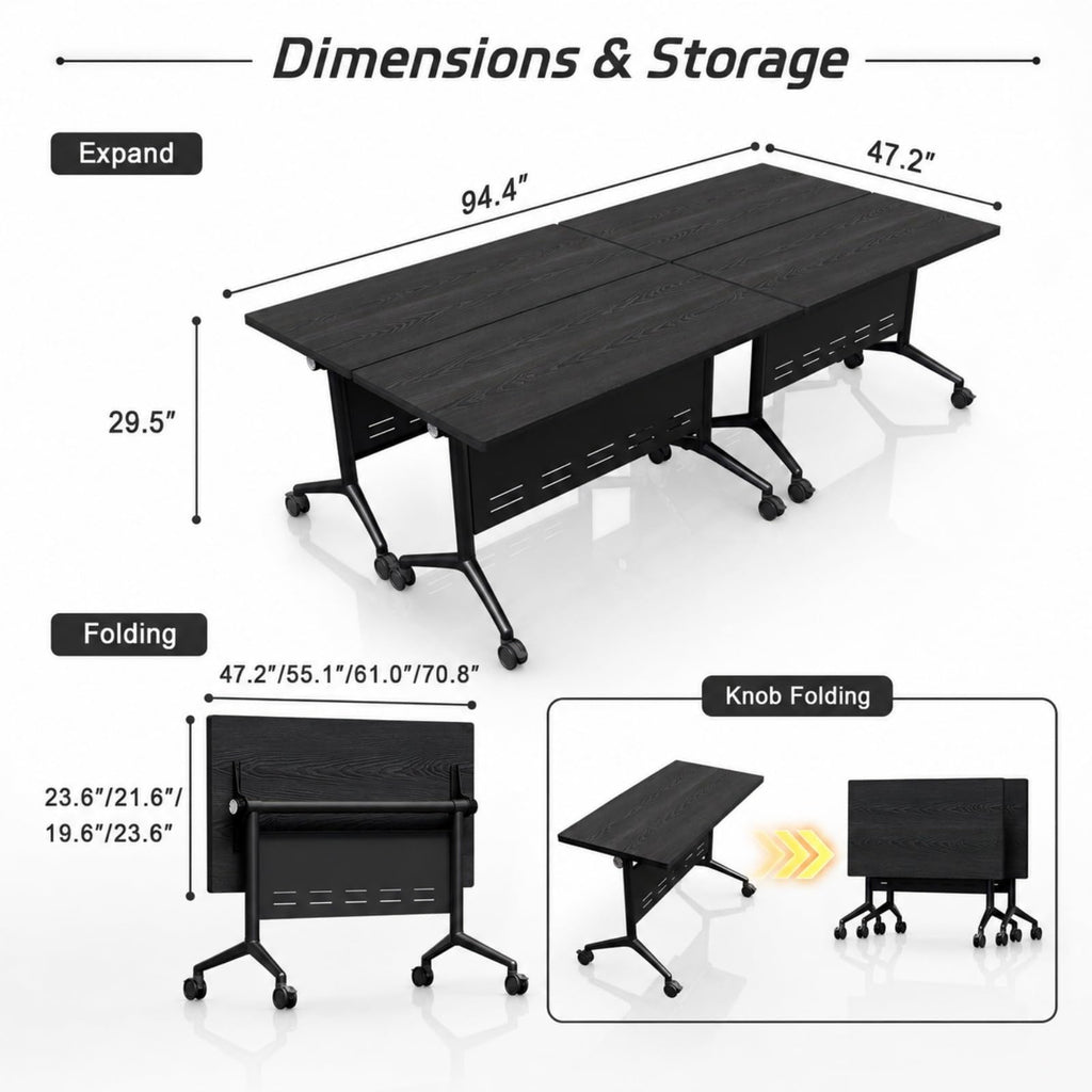 Folding Conference Table with Wheels, Flip-Top, 47.2in, 4 Pack, Oak