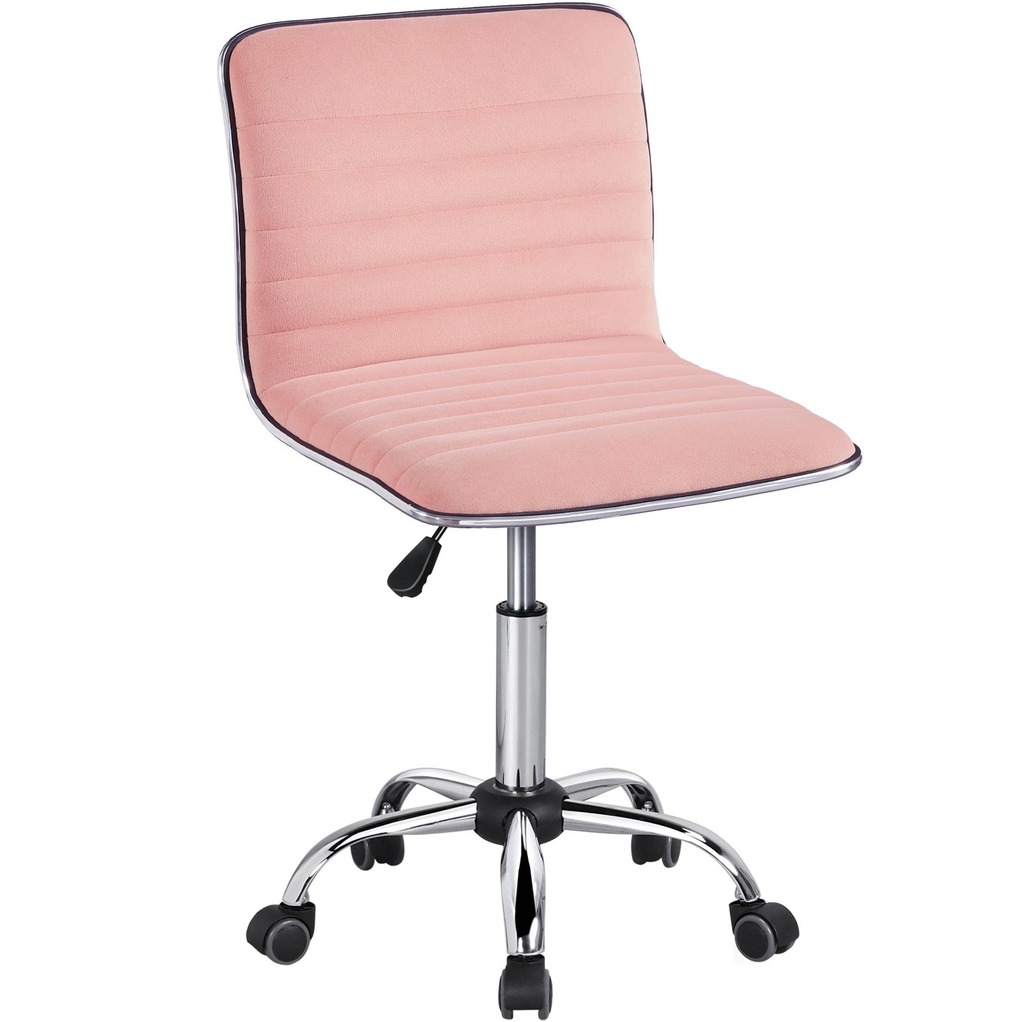 Velvet Low Back Armless Ribbed Vanity Chair Height Adjustable Swivel Task Office Chair, Apricot Pink