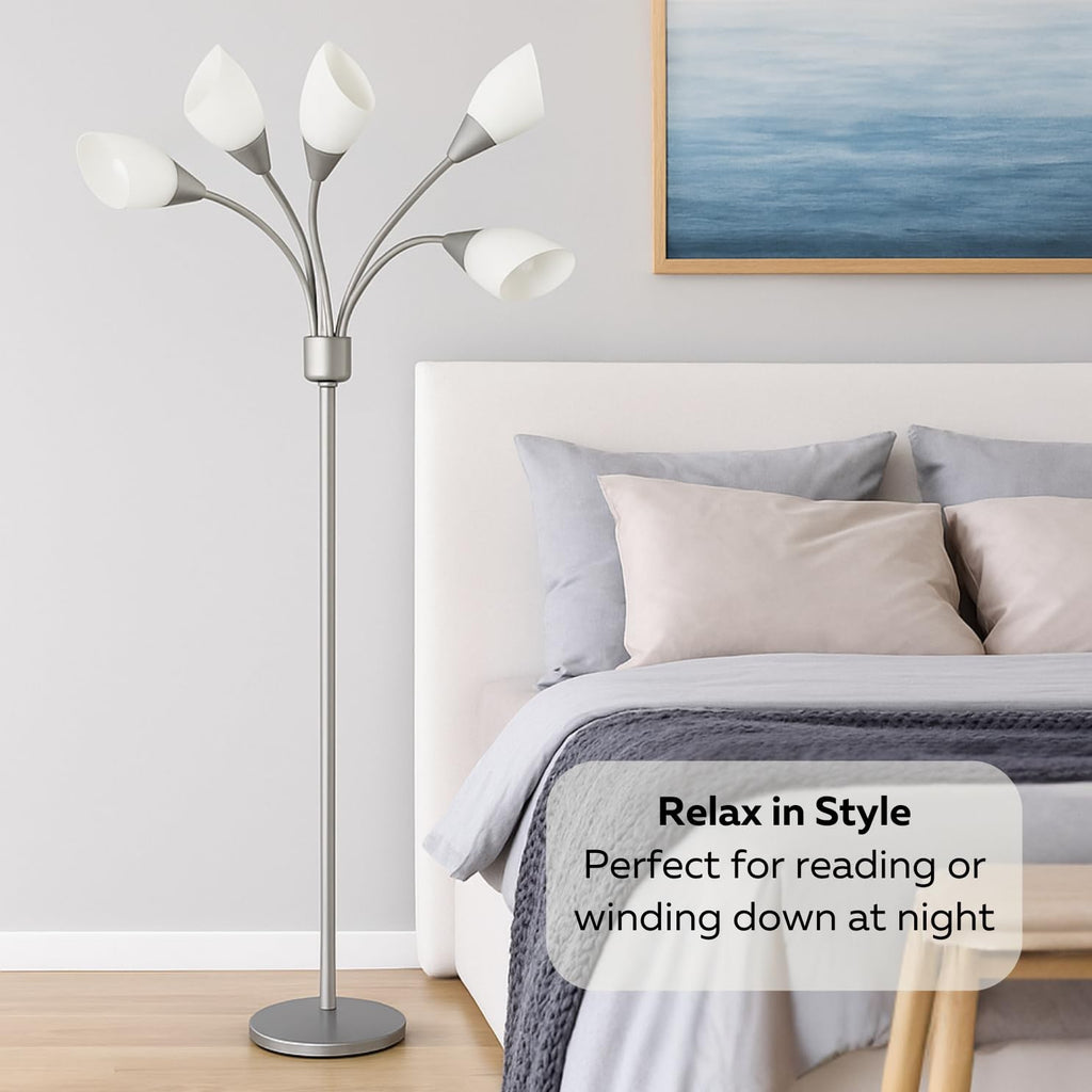 Medusa 5-Light Floor Lamp – Silver Multi-Head Standing Lamp w/ 5 Adjustable White Acrylic Shades for Bedroom, Living Room, Office, Requires E12 Candelabra-Base LED Bulbs