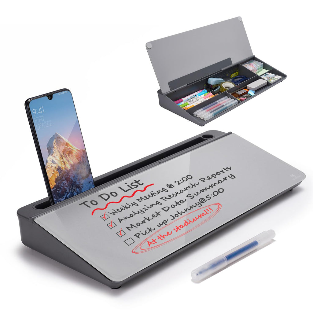 Desktop Whiteboard Dry-Erase-Board - Computer Keyboard Stand White Board Surface Pad with Drawer, Desk Organizers with Accessories for Office, Home, School Supplies - Complete Grey