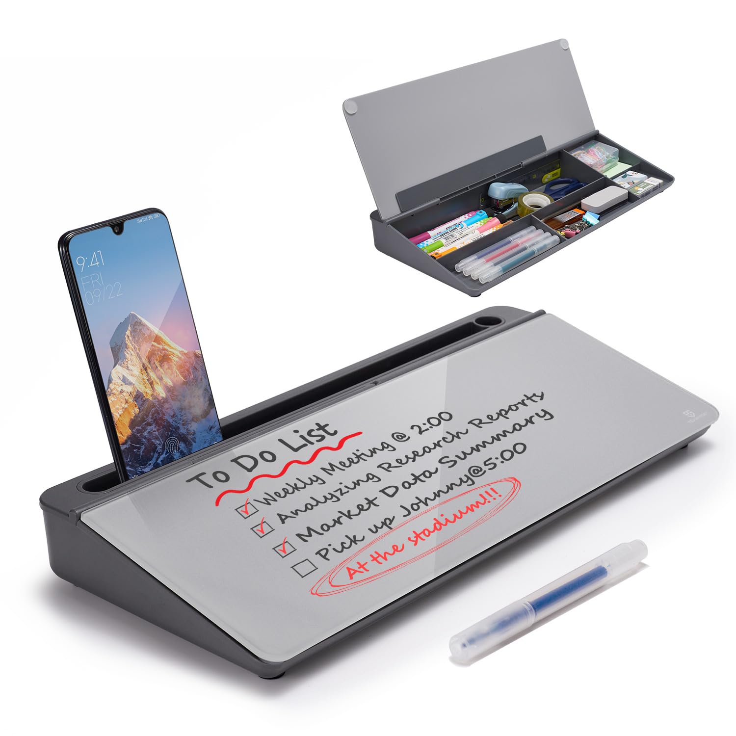 Desktop Whiteboard Dry-Erase-Board - Computer Keyboard Stand White Board Surface Pad with Drawer, Desk Organizers with Accessories for Office, Home, School Supplies - Complete Grey