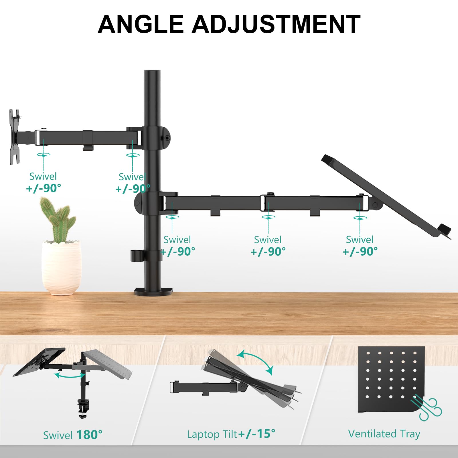 Dual Arm Laptop and Monitor Desk Mount for 17" Notebook and Up to 27" Screen, Fully Adjustable Monitor Arm with Laptop Tray, VESA 75x75 100x100, Holds up to 22 lbs, Black