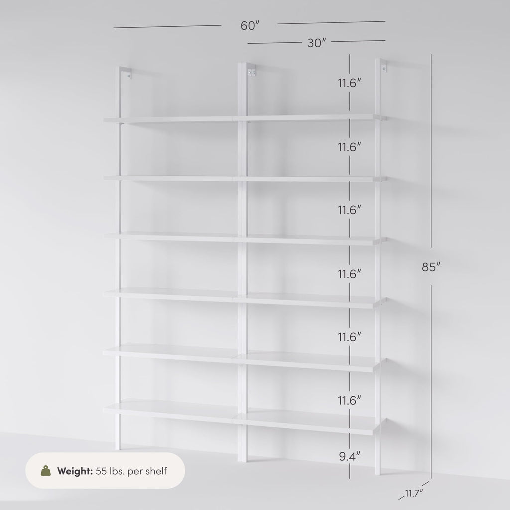 6-Shelf Tall Modern Bookshelf, Wall Mount Ladder Shelf Bookcase with White Wood and Industrial Metal Frame, Matte White/White, Set of 2