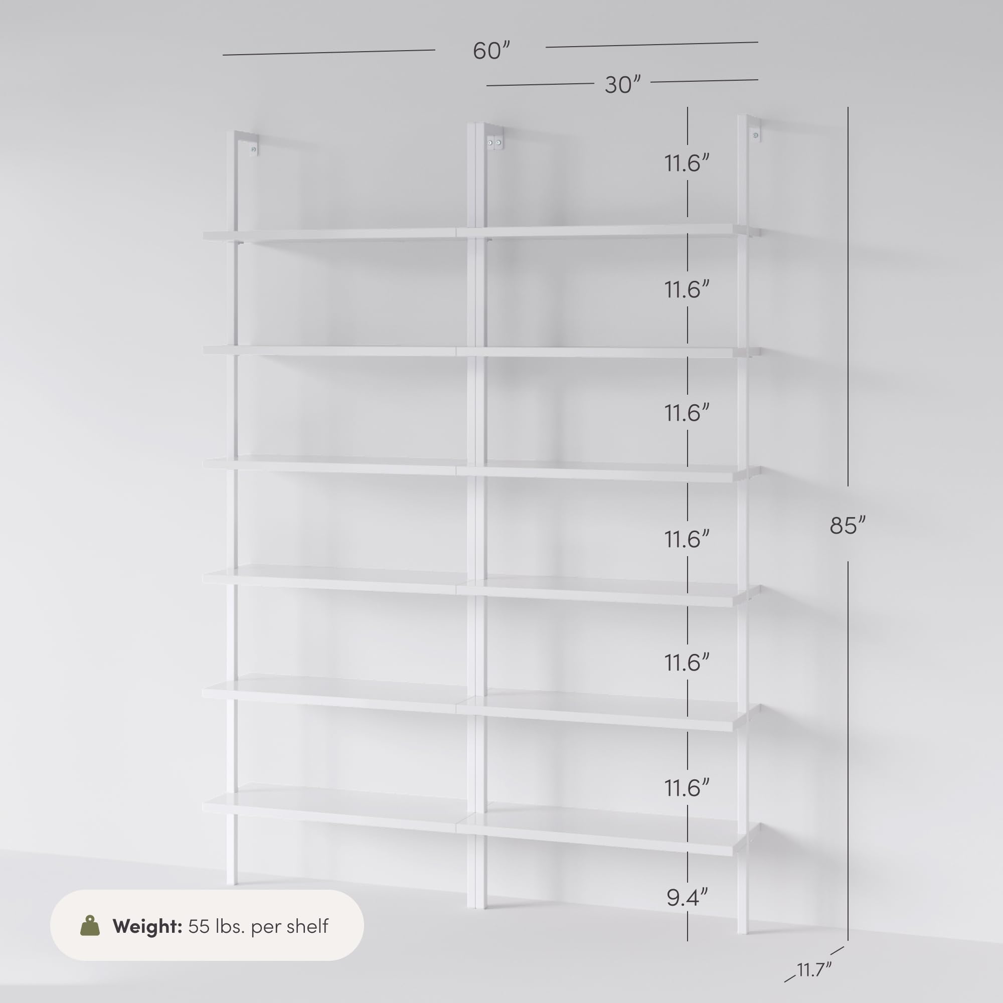 6-Shelf Tall Modern Bookshelf, Wall Mount Ladder Shelf Bookcase with White Wood and Industrial Metal Frame, Matte White/White, Set of 2