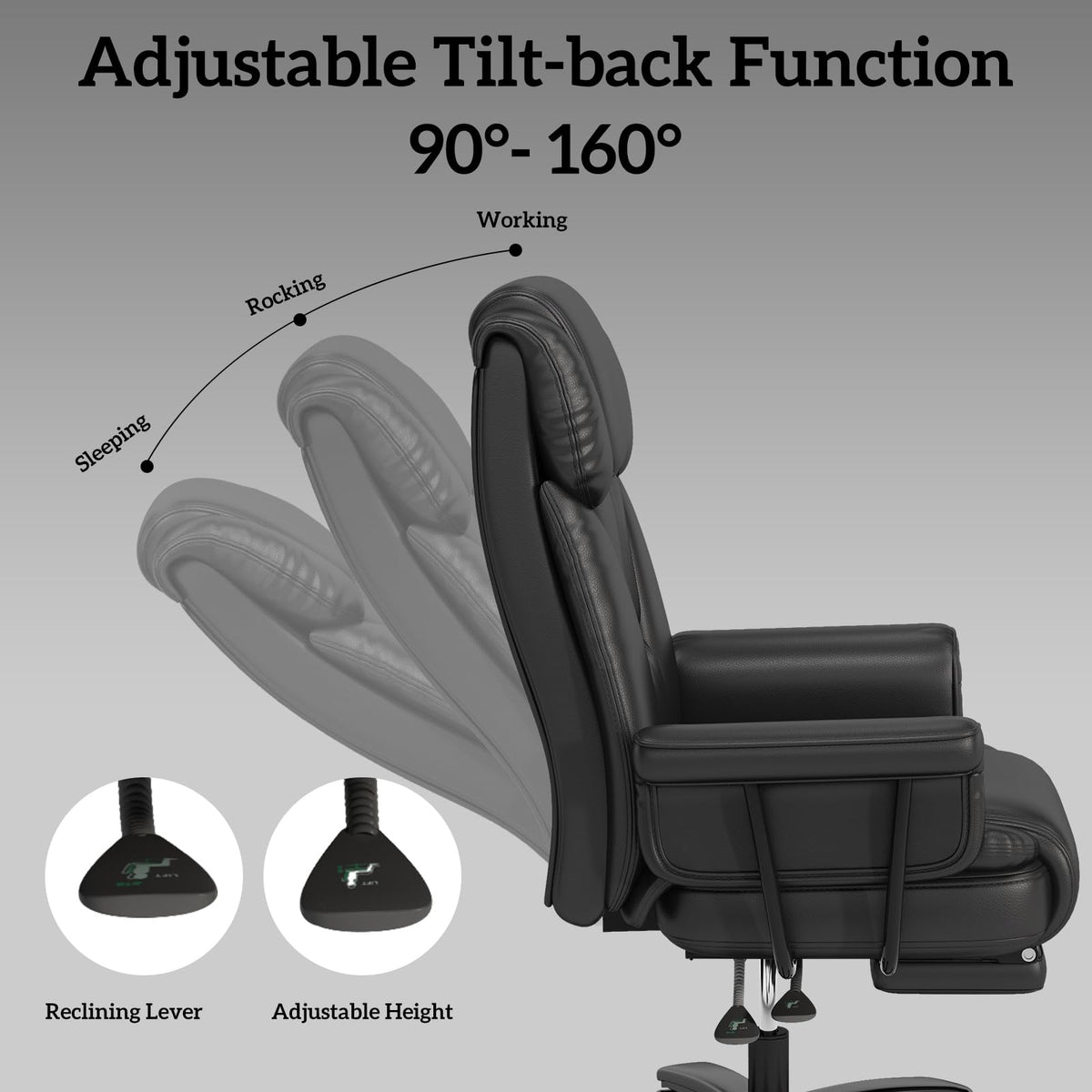 160 Reclining Office Chair with Footrest, Big & Tall Desk Chair, Black