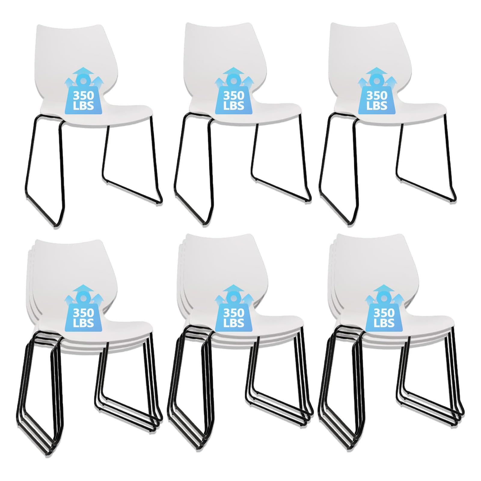 Set of 12, Stackable Waiting Room Chair, Stacking Office Chair with Ergonomic Lumbar Support and Metal Legs, Plastic Desk Chairs for Conference School Church Guest Reception ,White