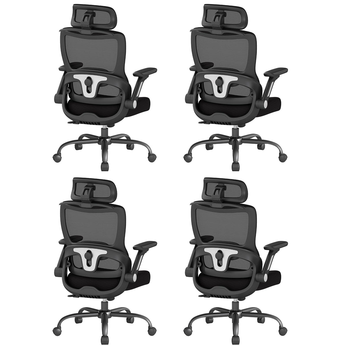 Ergonomic Office Chair, Home Computer Chair with 3D Adjustable Headrest and 4D Flip-Up Armrests, Adjustable Lumbar Support, Suitable for Office and Study, 4PC, Black