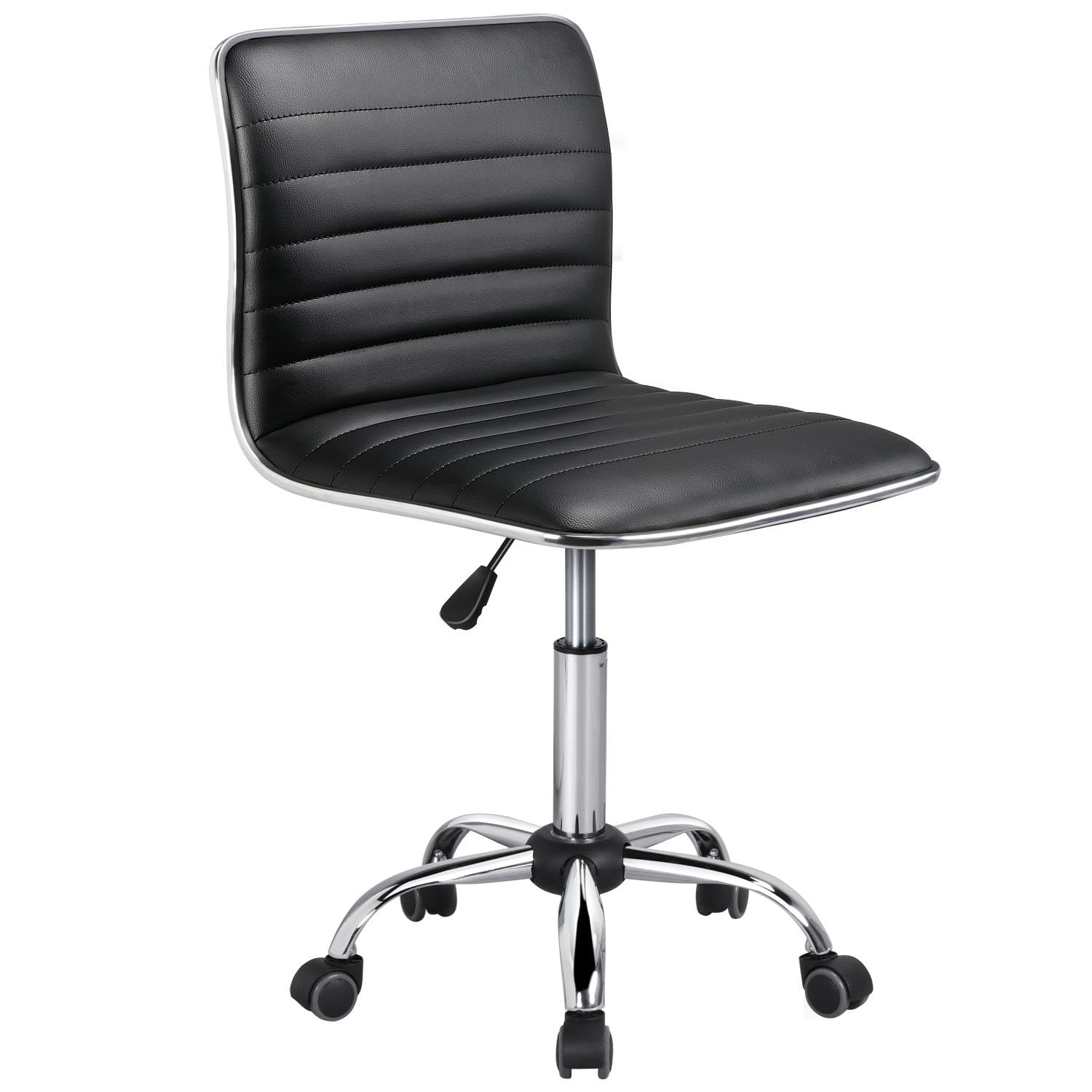 Adjustable Task Chair PU Leather Low Back Ribbed Armless Swivel Black Desk Chair Office Chair Wheels