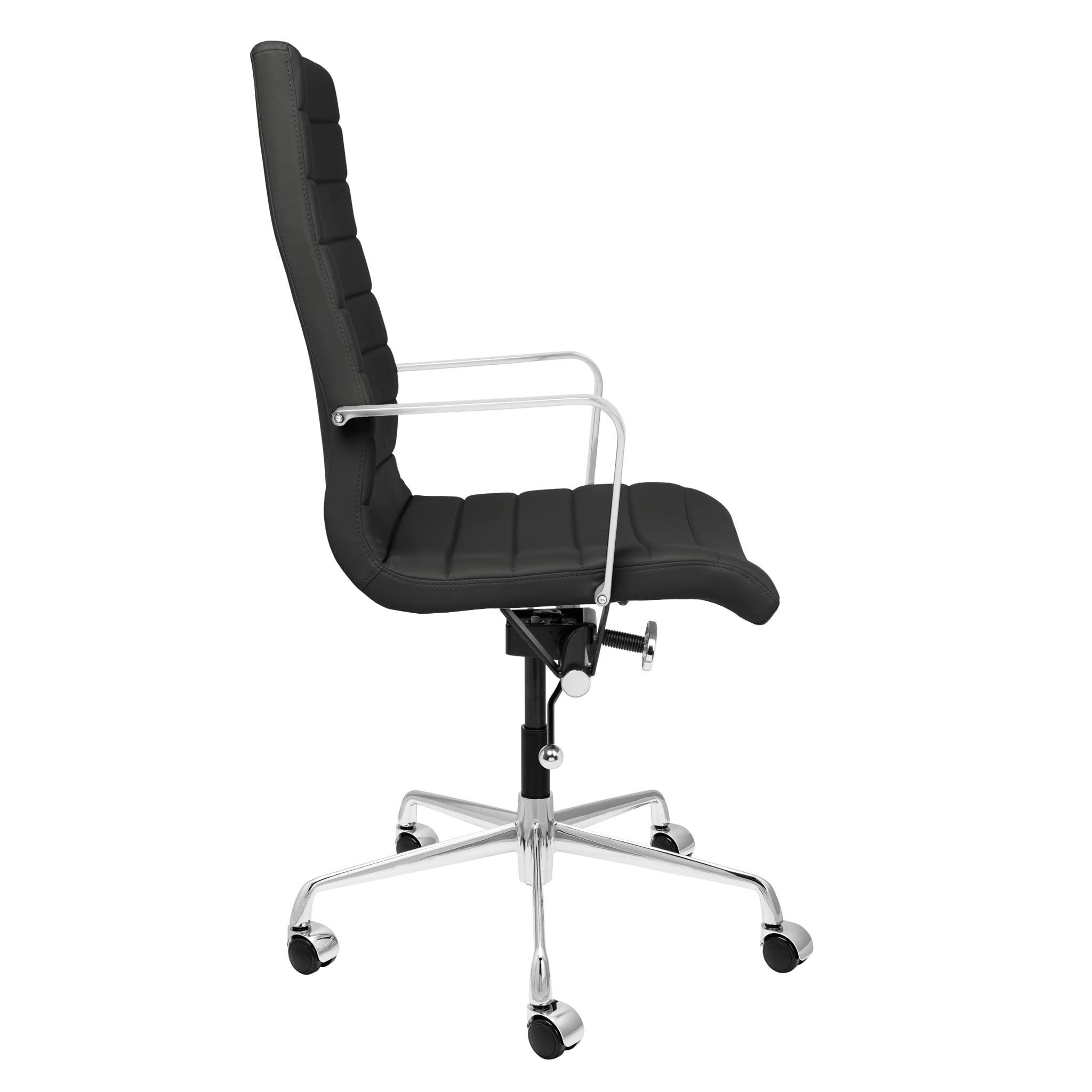 Ribbed Office Chair - Tall Back Desk Chair with Arm Rest, Swivel & Cushion Availability, Made of Faux Leather, Black, Computer Chair