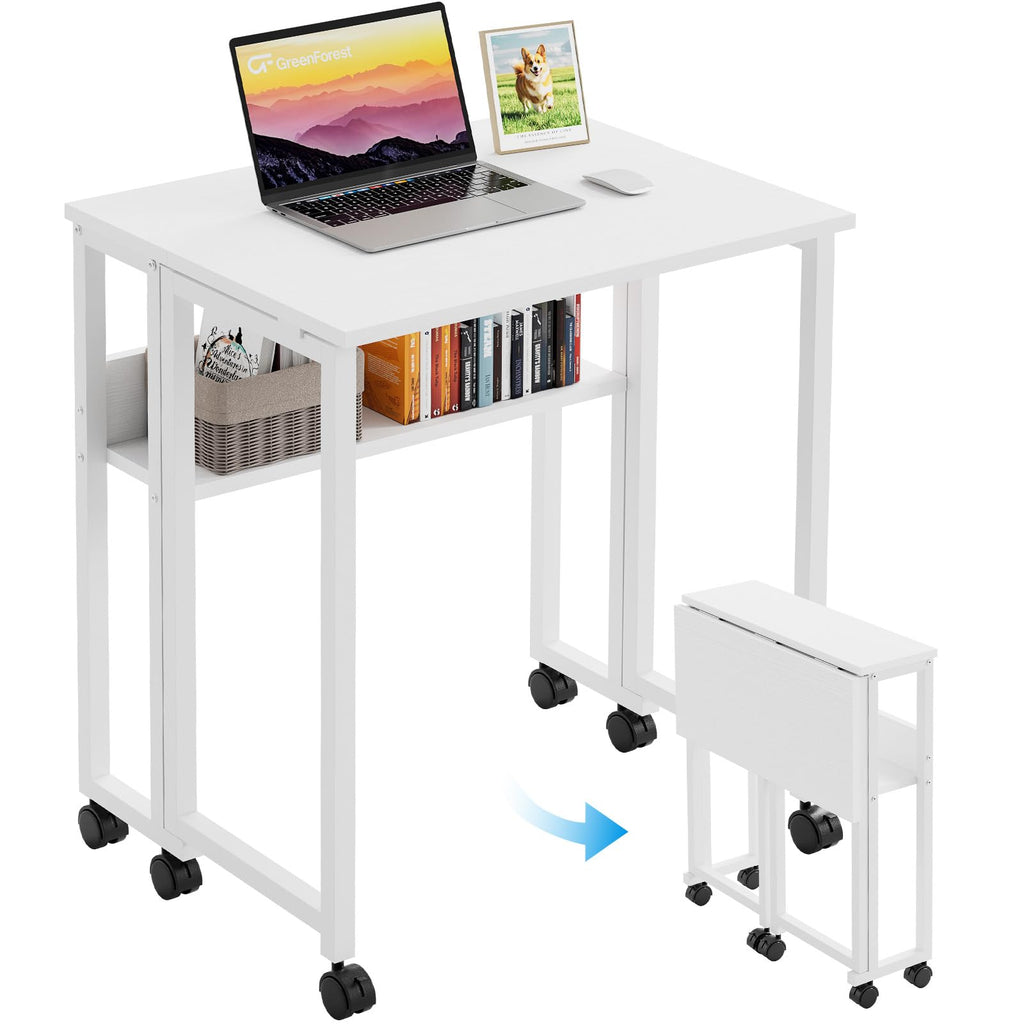 Folding Desk with Wheels, 24.8 Inch Compact Rolling Computer Table with Storage Shelf, Portable Mobile Workstation for Small Spaces, Easy Assembly, Pure White