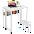 Folding Desk with Wheels, 24.8 Inch Compact Rolling Computer Table with Storage Shelf, Portable Mobile Workstation for Small Spaces, Easy Assembly, Pure White