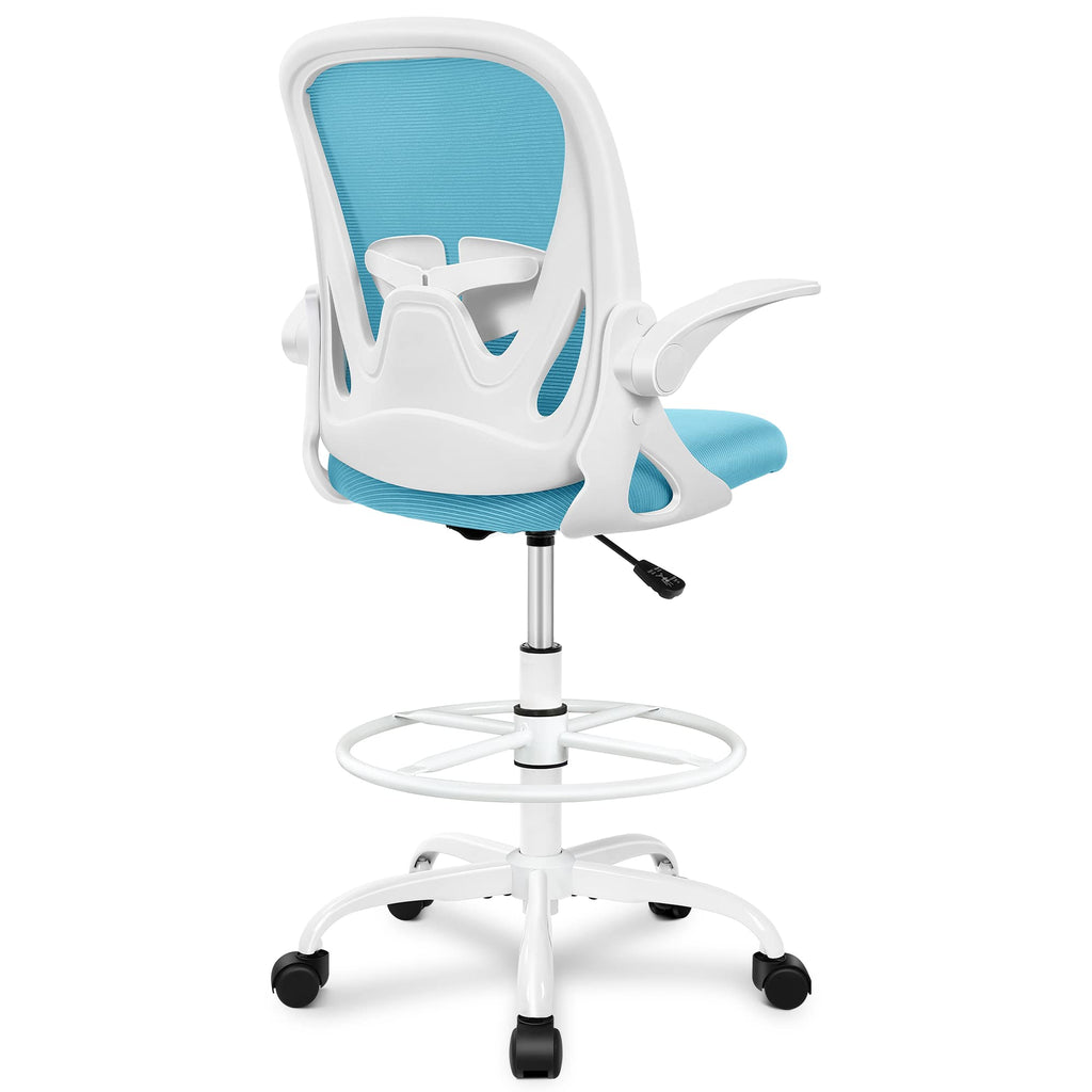 Drafting Chair Tall Office Chair with Flip-up Armrests Executive Ergonomic Computer Standing Desk Chair with Lumbar Support and Adjustable Footrest Ring（Blue）