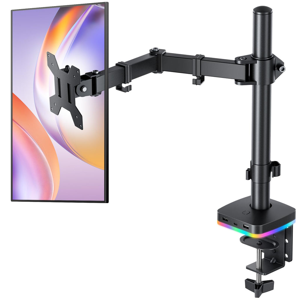 Single Monitor Stand, Monitor Arm with 3 USB Ports, Charging and USB Data Transfer Function, Adjustable Desk Mount for 13"-27" Monitors up to 17.6lbs, VESA 75x75mm 100x100mm, Ergonomic Design
