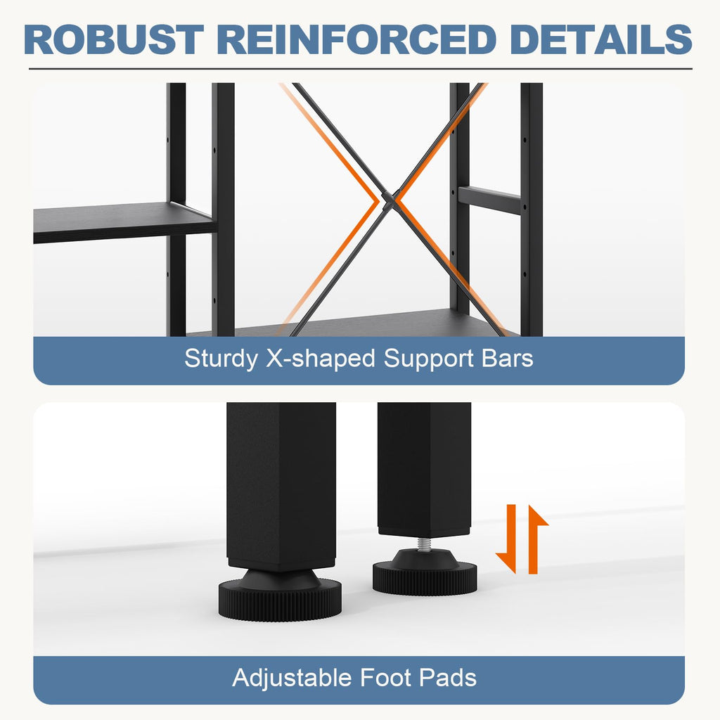 Triple Column 4 Tier Bookshelf, Wide Industrial Bookcase, Black