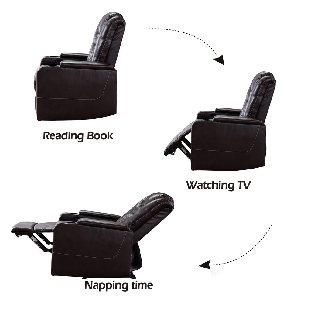 Electric Power Recliner Chair with USB Ports and Cup Holders, Breathable Leather Seating with Hidden Arm Storage (Brown)