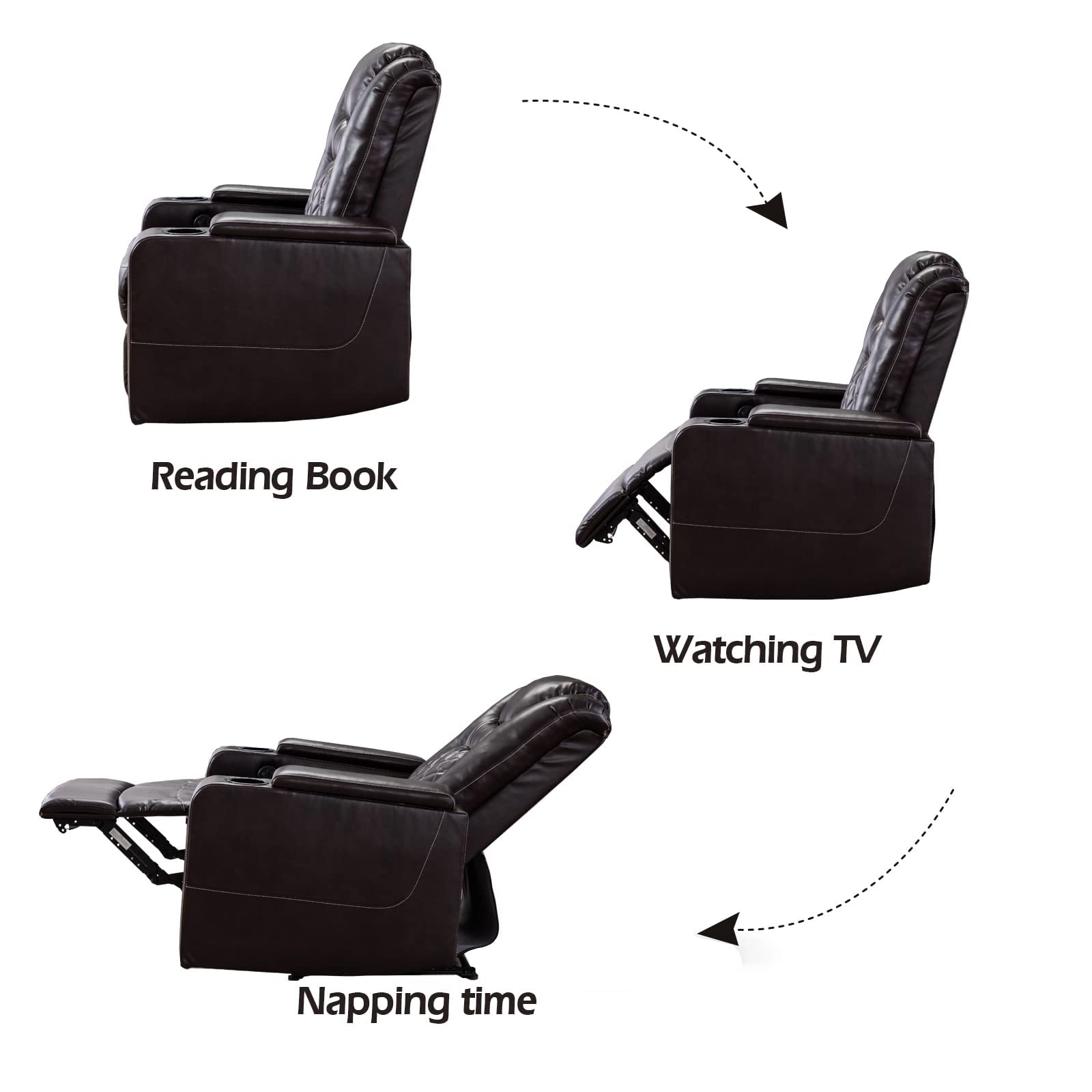 Electric Power Recliner Chair with USB Ports and Cup Holders, Breathable Leather Seating with Hidden Arm Storage (Brown)