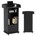 Podium Stand Portable with Wheels, Classroom Lectern for Teacher with Adjustable Storage Shelf, Mobile Rolling Church Pulpits, Office Wooden Reception Desk, Host Stand for School Conference（Black）