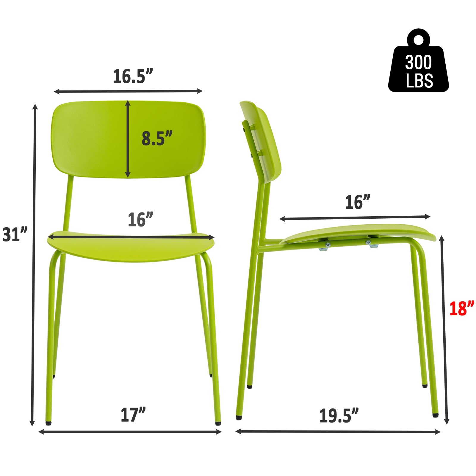 Stackable Chairs Set of 4, Metal Waiting Room Chairs with Plastic Seat, Capacity 300lbs, Stacking Chairs for Office Conference Break Room Lobby, Green