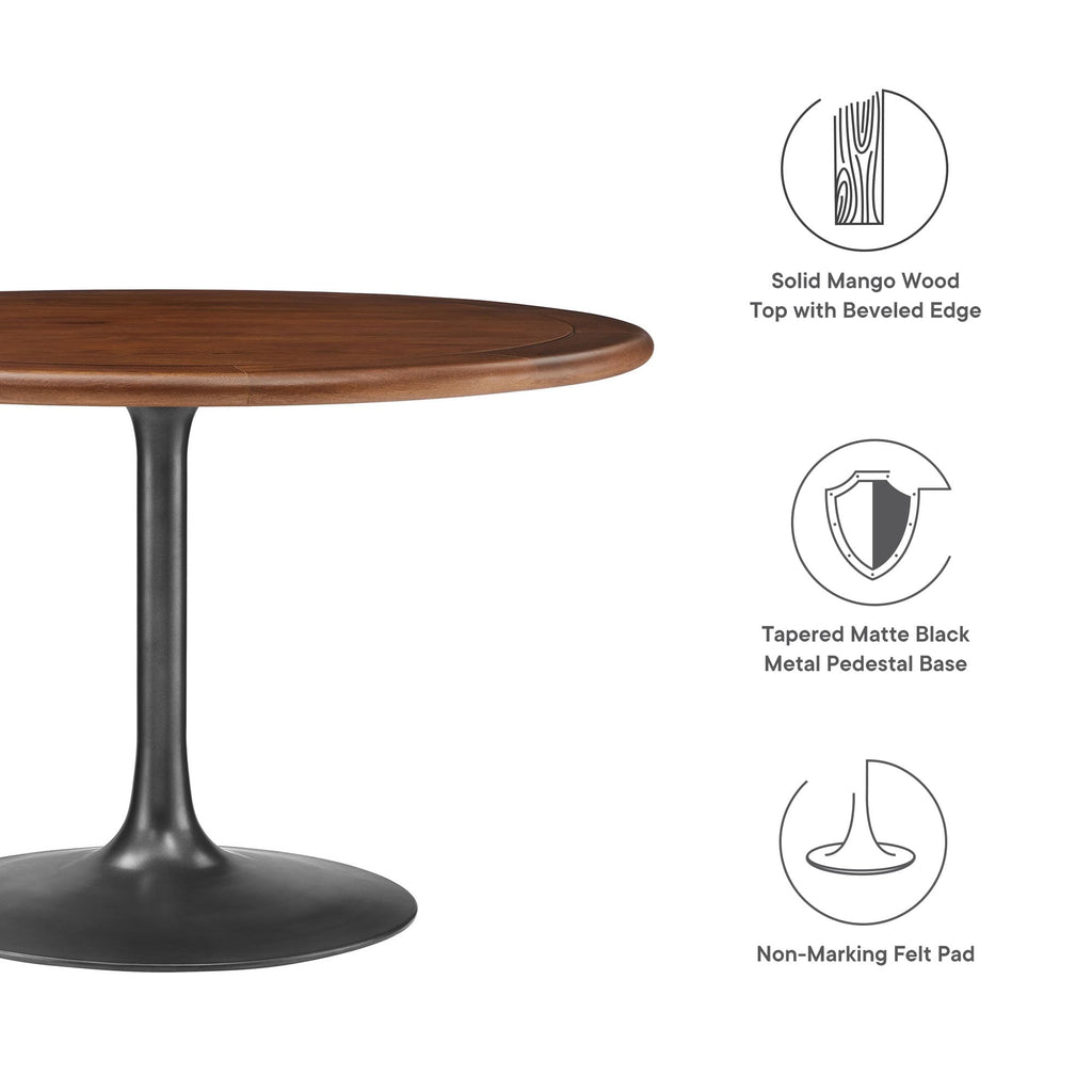 Modway Lippa 48 Inch Round Wood Dining Table with Metal Pedestal in Black Walnut - Modern Industrial Dining Table for 4 People - Solid Wood Tulip Kitchen Table