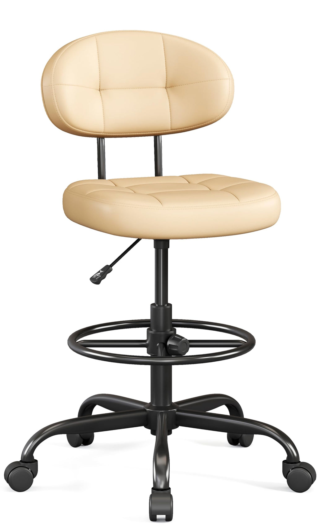 Drafting Chair Without Arms, Tall Office Chair with Footrest Ring for Standing Desk, Small Faux Leather Executive Office Chair with Adjustable Height for Bar Lab Counter Height Desk, Khaki