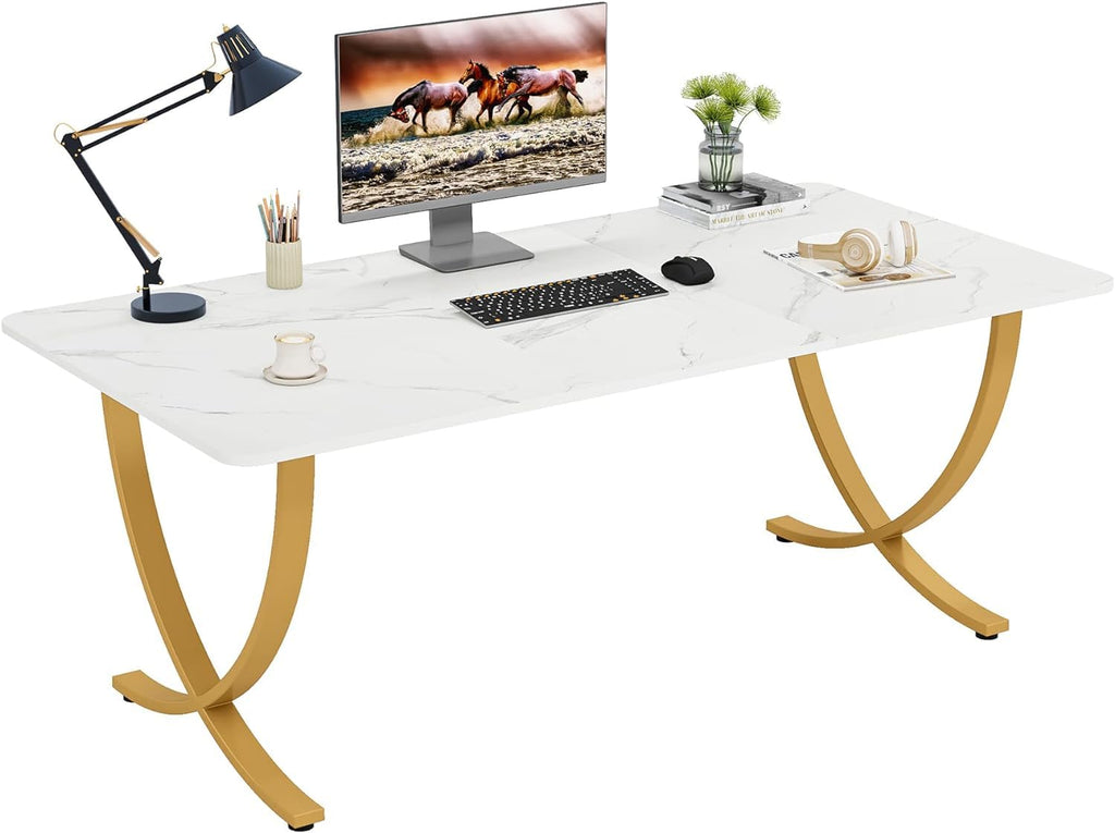 Executive Desk, 63” W x 31.5” D Large Office Desk, Modern Computer Desk Conference Table Meeting Room Table, Business Furniture for Home Office, White and Gold