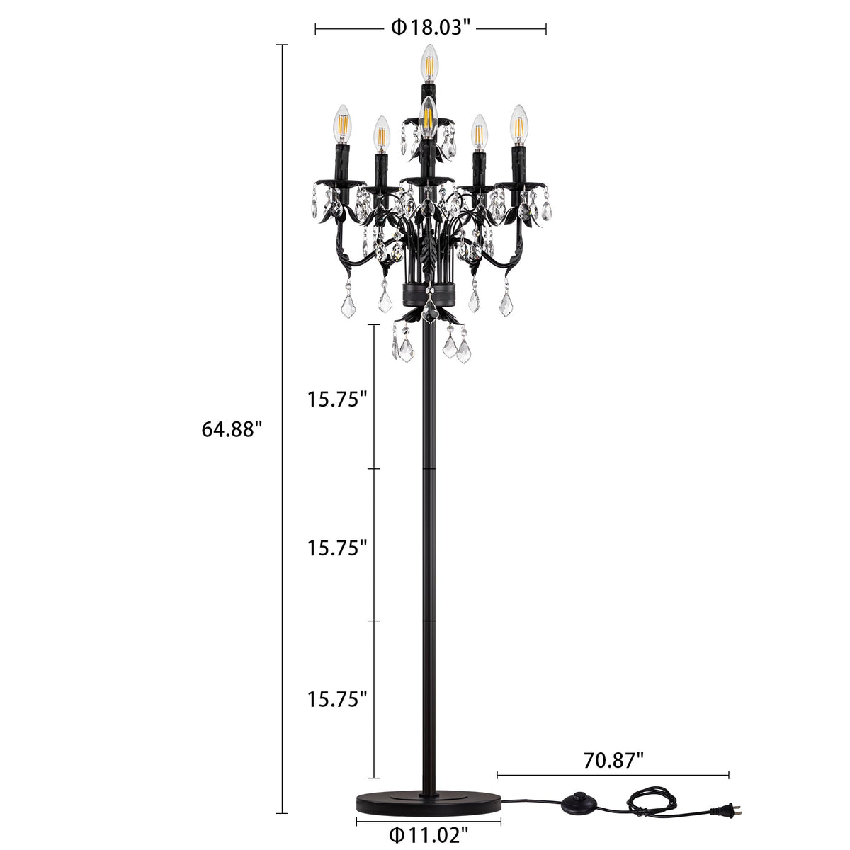 Black Crystal Floor Lamp, Tall Vintage Standing Living Room Lamp