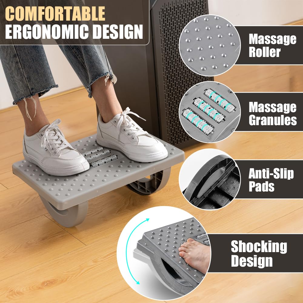 Foot Rest for Under Desk at Work - Ergonomic Foot Stools for Under Office Desk - Rocking Footrest with Roller Massager - Leg Rest for Chair, Computer Gaming -13" L x 9.6" W x 5" H (Gray)