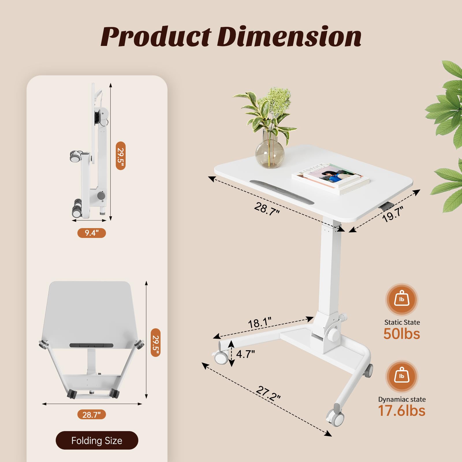 Foldable Mobile Standing Desk, 90 Tiltable Rolling Standing Desk, Height Adjustable Portable Laptop Workstation for Home Office, Easy to Fold, White