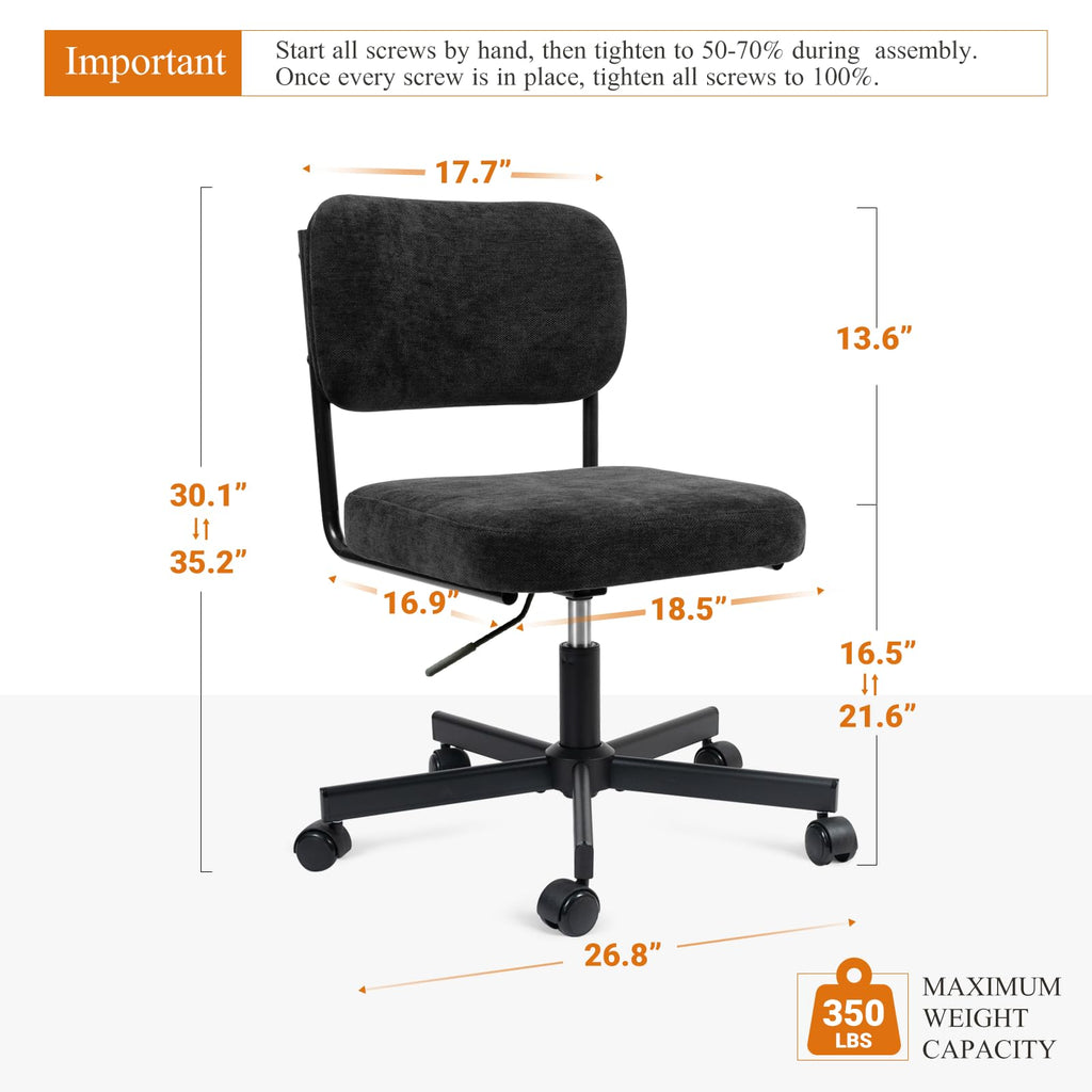 Vanity Chair with Wheels, Cute Armless Desk Chair with Back, Height Adjustable Swivel Small Office Chair, Comfy Fabric Computer Task Chair for Bedroom, Study, Dressing Room Black